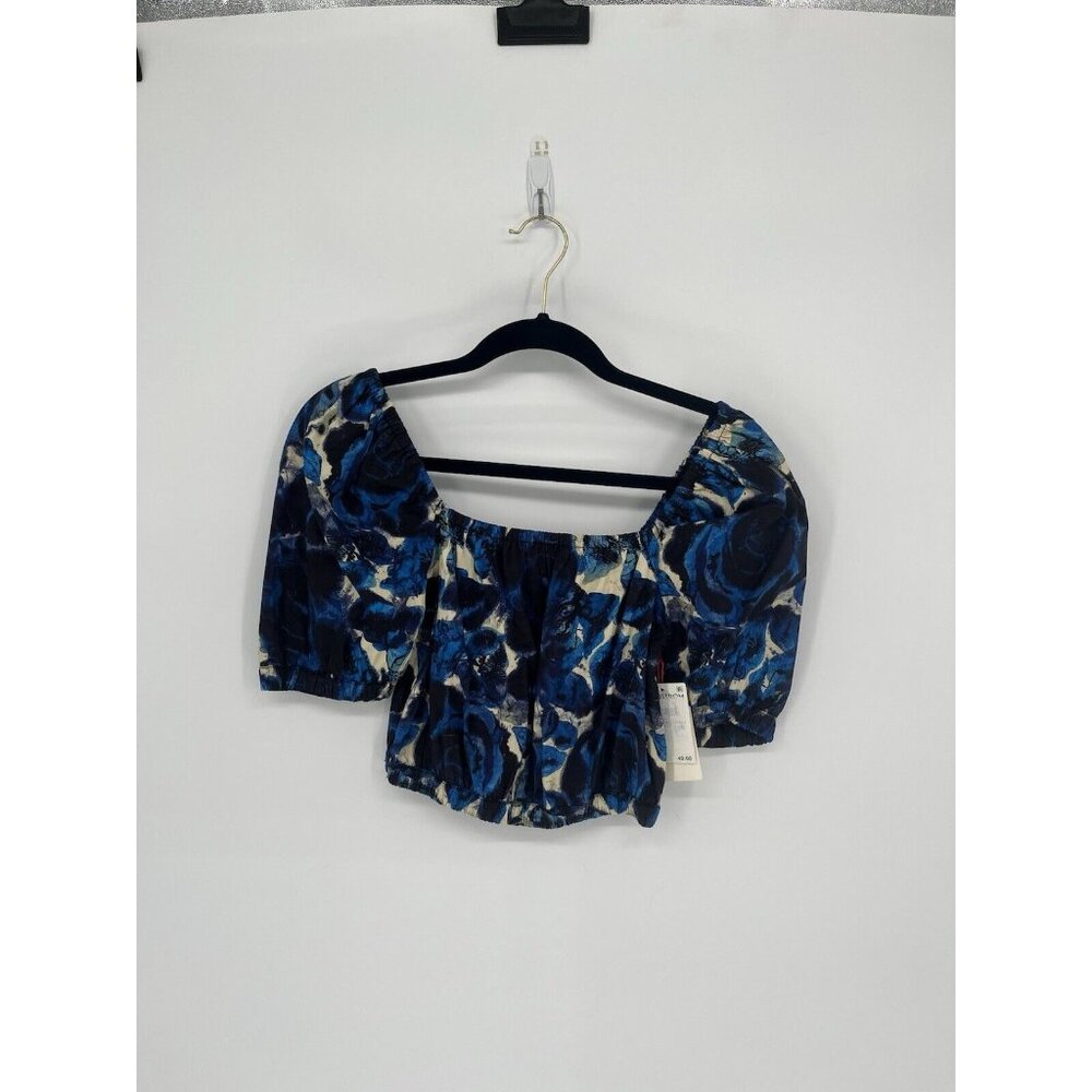 NWT Open Edit Puff Sleeve‎ Crop Top XXS Blue Floral